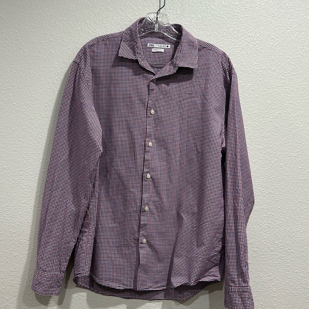 Zara Mens Regular Fit Red WhiteBlue Collared Button Down Long Sleeve Shirt SZ LG